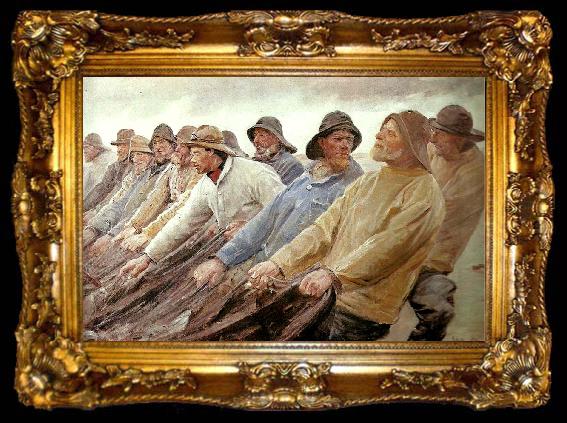 framed  Michael Ancher fiskere trakker vod ved skagen, ta009-2